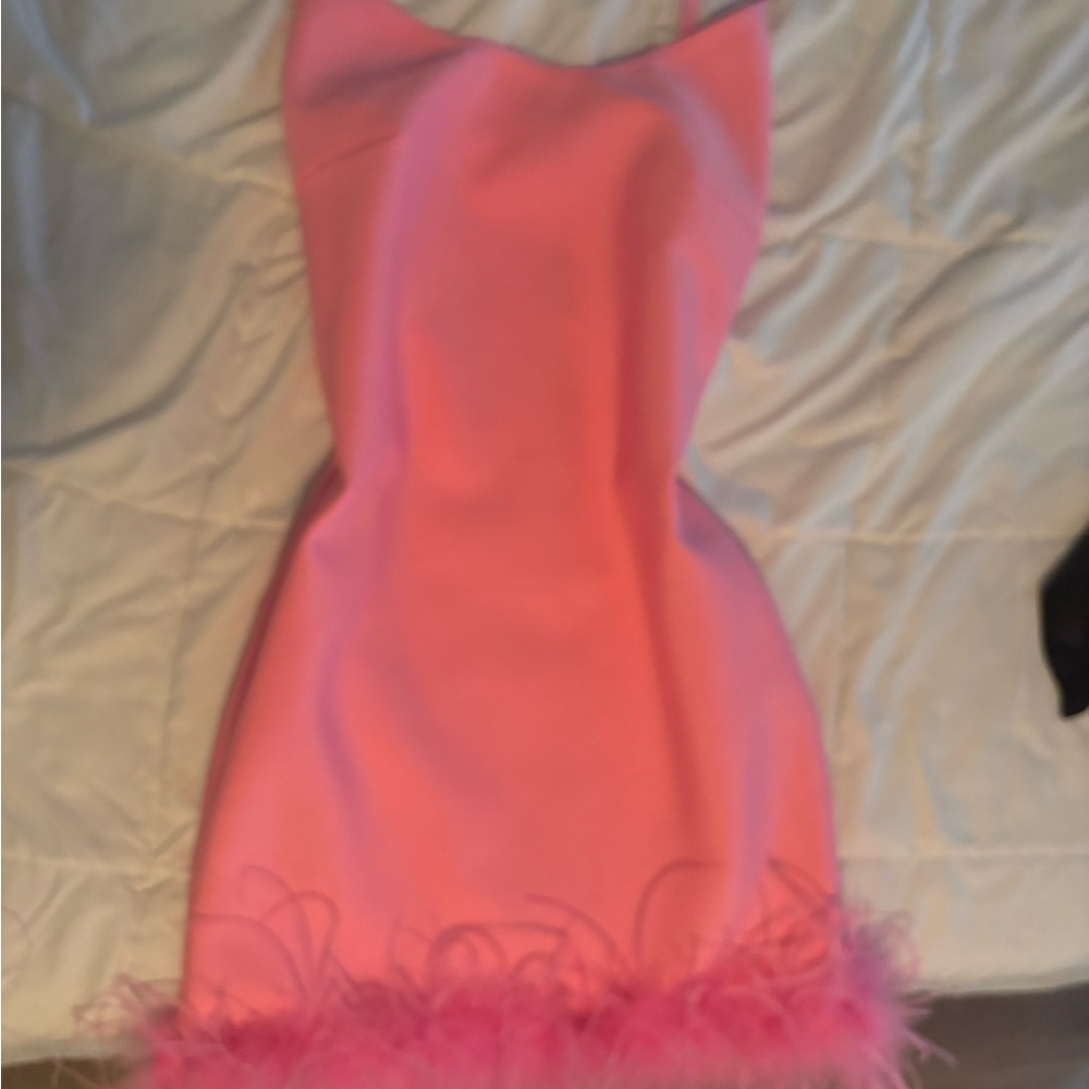 Pink Strapless Dress with Feather Trim